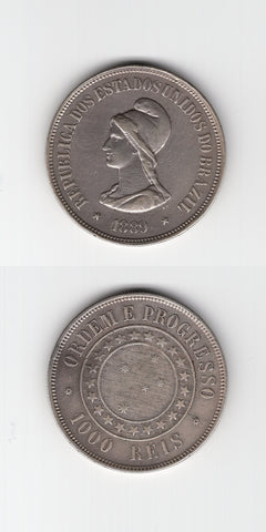 1889 Brazil Silver 1000 Reis GVF