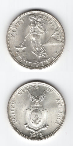 1945 S Phillipines Silver 50 Centavos UNC/BU