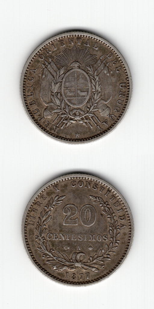 1877 A Uruguay Silver 20 Centesimos GVF