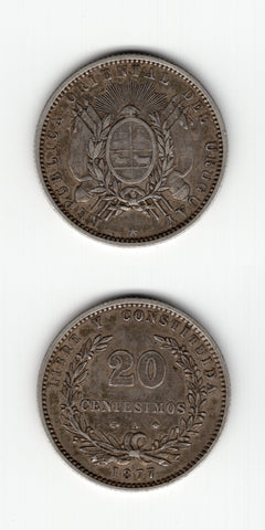 1877 A Uruguay Silver 20 Centesimos GVF