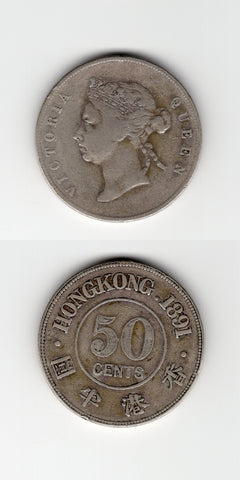 1891 Hong Kong Silver 50 Cents GF/AVF