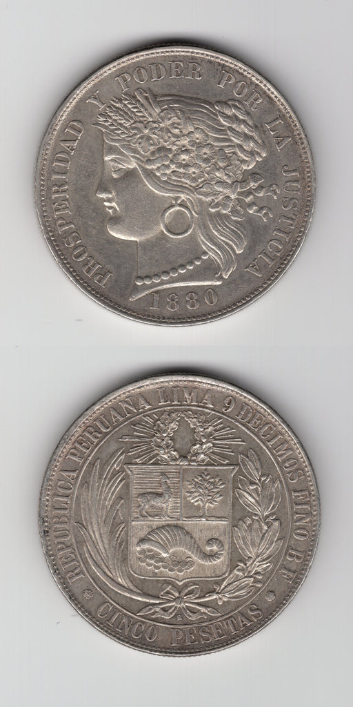 1880 B Peru Silver Five Pesetas UNC