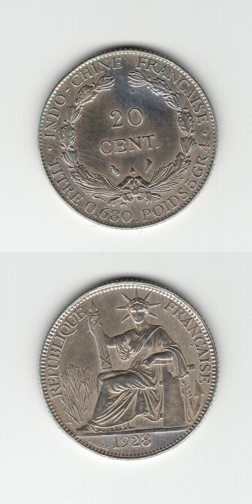 1928 Frech Indo China Silver 20 Cents AUNC