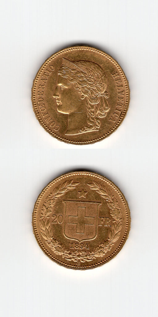 1894 Swiss 20 Francs AUNC