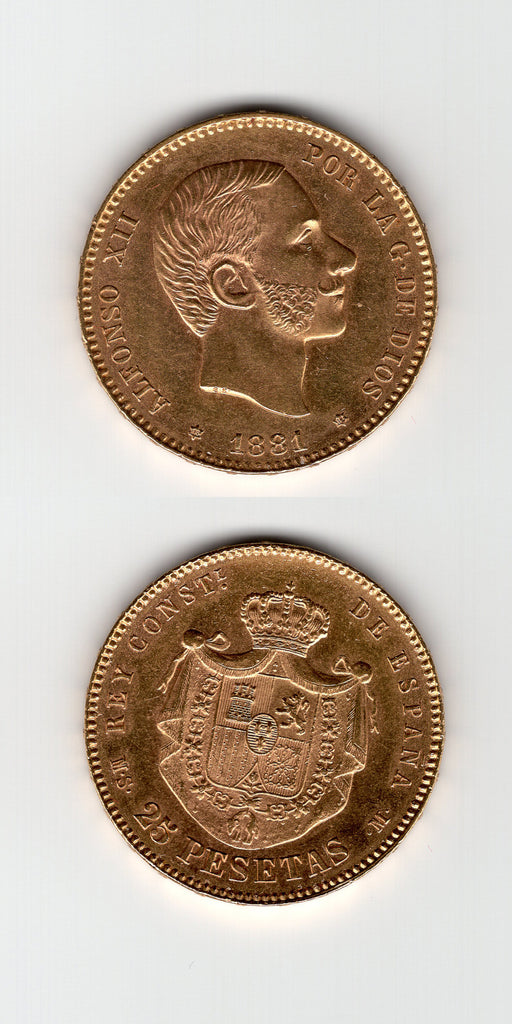 1881 Spain 25 Pesetas AUNC/UNC