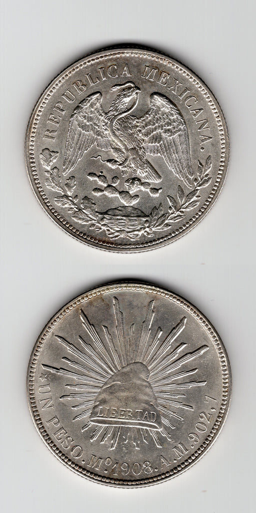 1908 MO/AM Mexico Silver Peso UNC