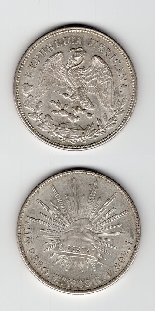 1908 MO/GV Mexico Silver Peso UNC
