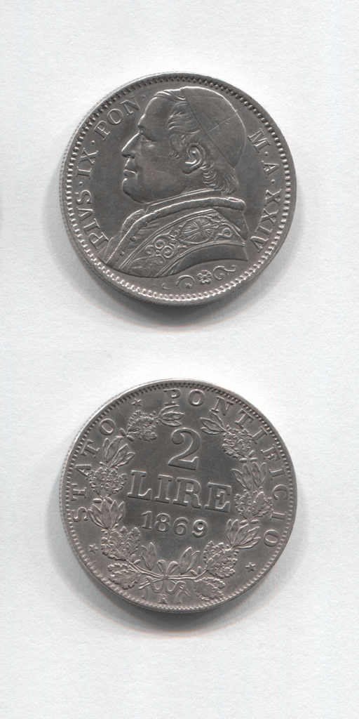 1869 R Papal States XX1V Two Lira AUNC