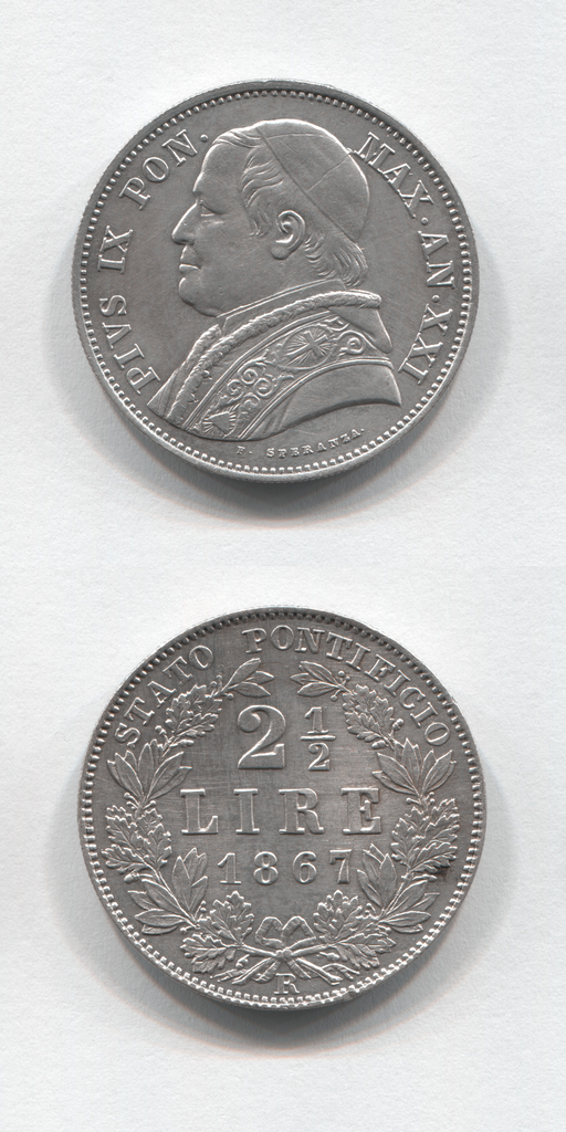1867 R Papal States 2 1/2 Lira XX1 AUNC