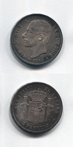 1885 MSM Spain Silver 5 Pesetas AUNC
