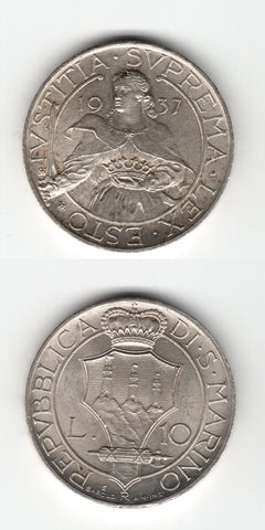 1937 San Marino Silver 10 Lira UNC