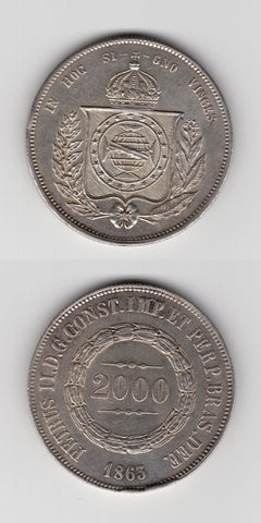 1863 Brazil Silver 2000 Reis EF
