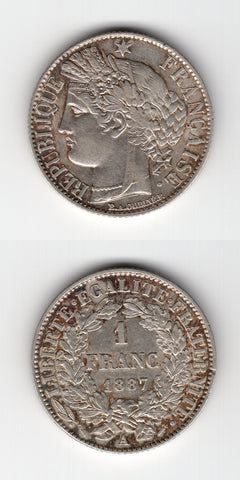 1887 A France Silver One Franc EF