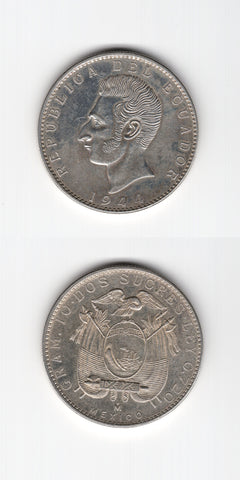 1944 Mo Ecuador Silver 2 Sucres AUNC