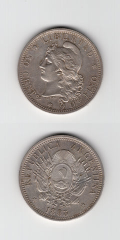 1883 Argentina Silver 50 Centavos AEF