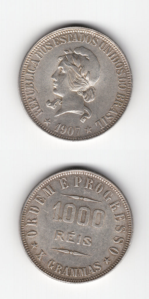 1907 Brazil Silver 1000 Reis EF