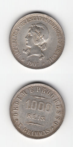 1907 Brazil Silver 1000 Reis EF