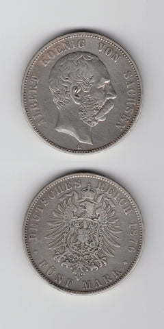 1876 E Saxony-Albertine 5 Mark GVF