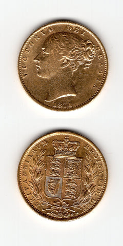 1871 Shield Sovereign AUNC/UNC