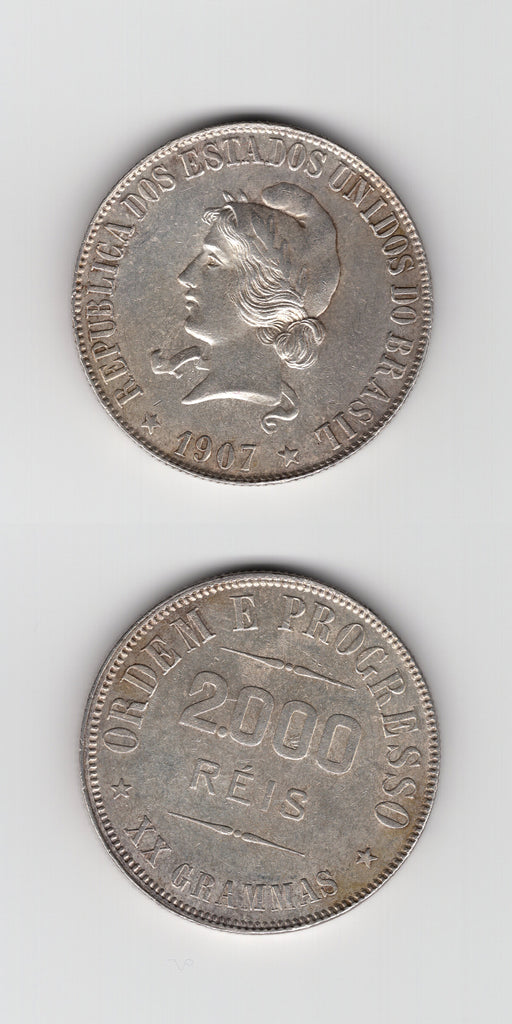 1907 Brazil Silver 2000 Reis AUNC
