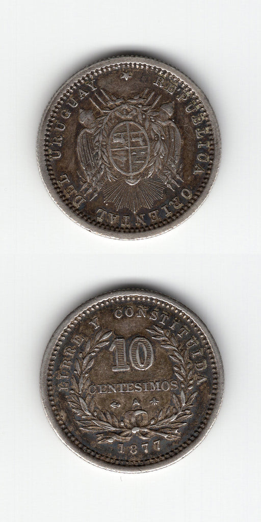 1877A Uruguay Silver 10 centesimos GVF