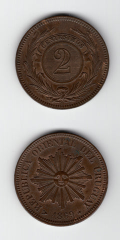 1869 H Uruguay 2 Centimes GEF