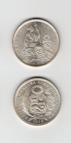 1916 Peru Silver 1/2 Sol BU/UNC