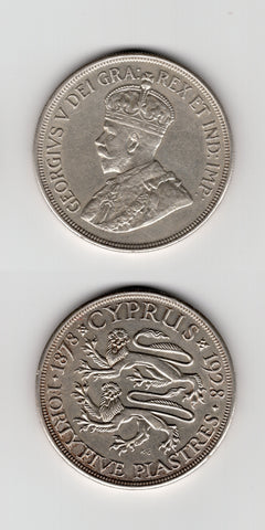 1928 Cyprus Silver 45 Piastres UNC