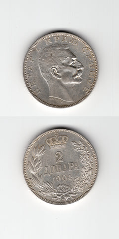 1904 Serbia Silver 2 Dinara aUNC