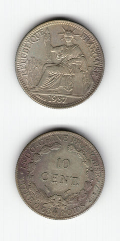 1937 A French Indo China Silver 10 Cents AUNC