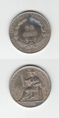 1928 Frech Indo China Silver 20 Cents AUNC