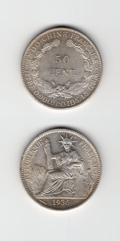 1936 A French Indo China Silver 50 Cents UNC