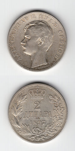 1897 Serbia Silver 2 Dinara AUNC