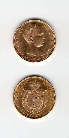 1890 Spain 20 Pesetas AUNC