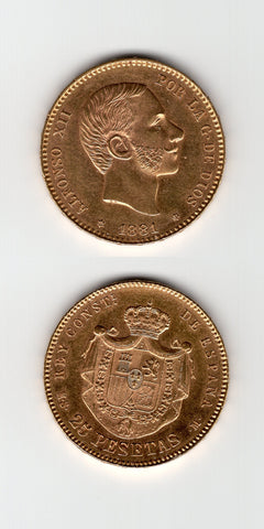 1881 Spain 25 Pesetas AUNC/UNC