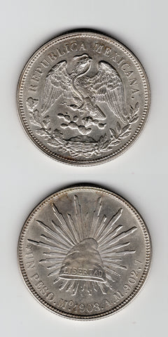 1908 MO/AM Mexico Silver Peso UNC