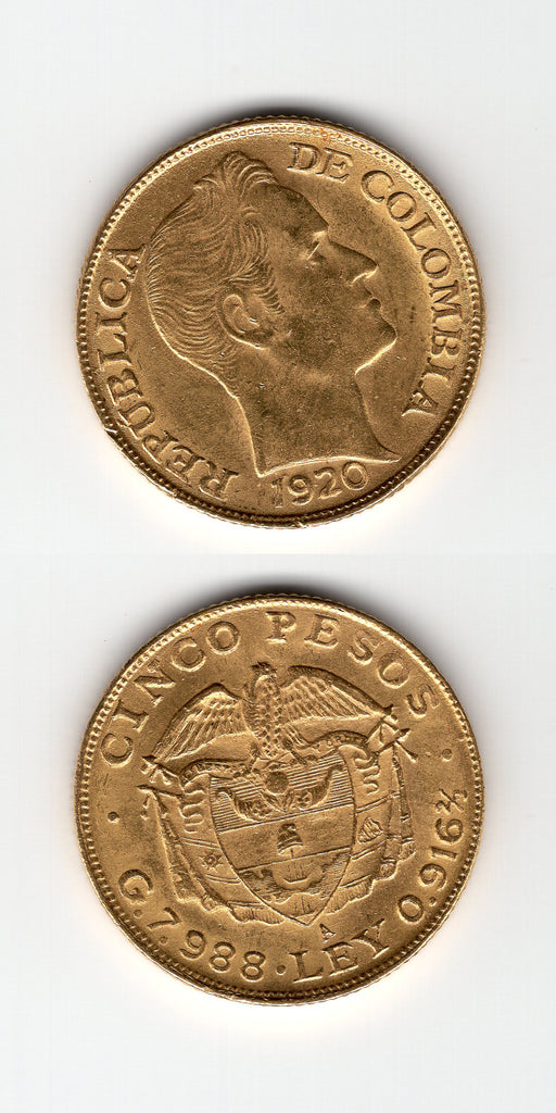 1920 A Colombia Gold 5 Pesos EF