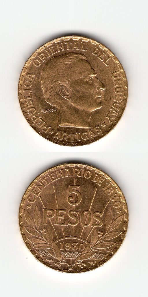 1930 Uruguay Gold 5 Pesos AUNC