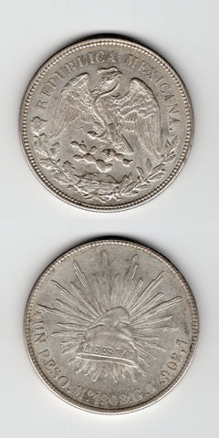 1908 MO/GV Mexico Silver Peso UNC