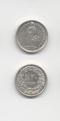 1920 Swiss Silver 1/2 Franc AUNC