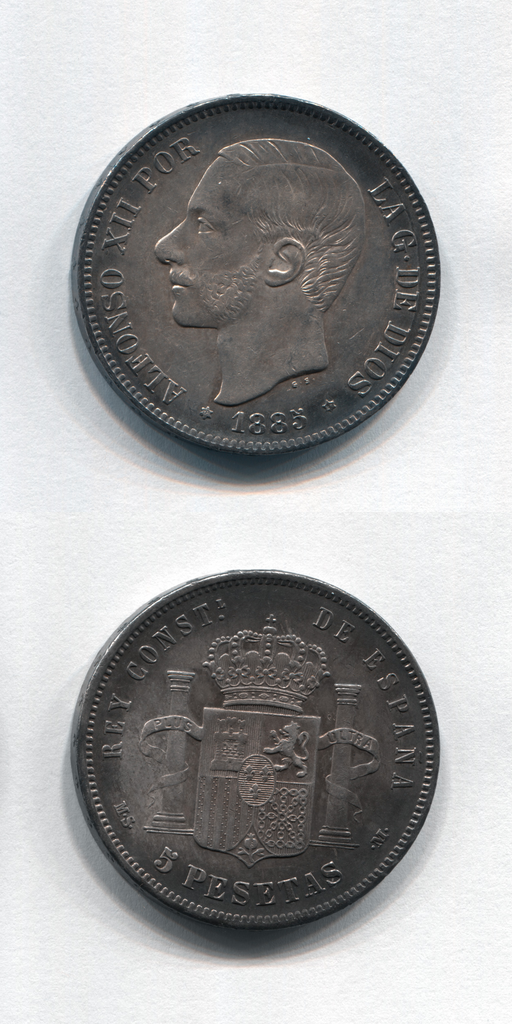 1885 MSM Spain Silver 5 Pesetas AUNC
