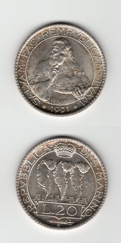 1931 R San Marino Silver 20 Lira UNC