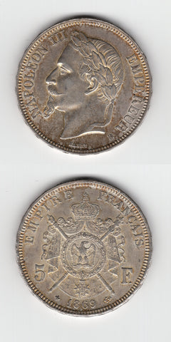 1869 BB France 5 Francs AUNC