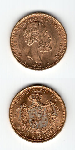 1889 EB Sweden Gold 20 Kronor AUNC